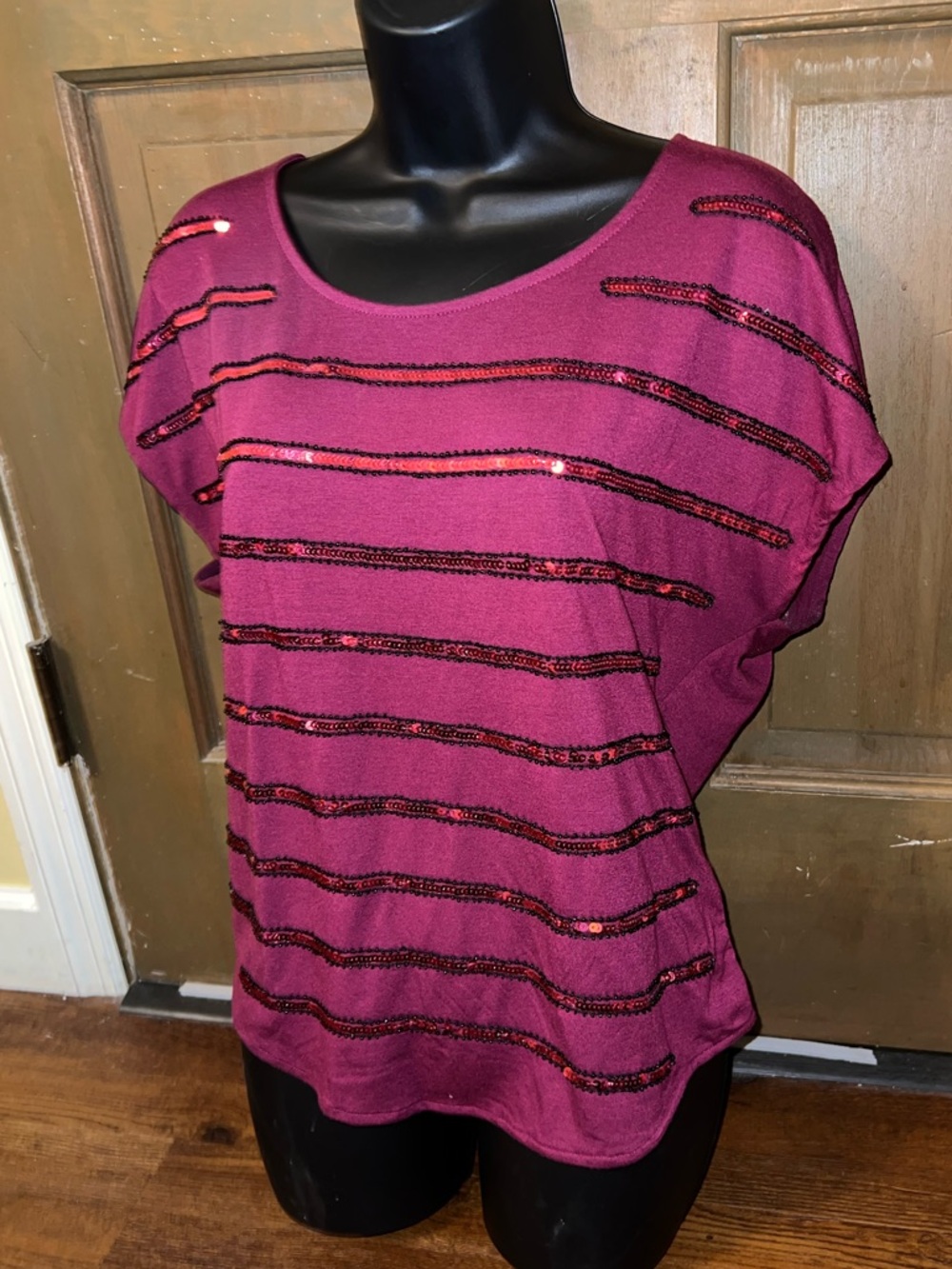 Fuchsia Y2K Sequin Pink Stripe Relax Fit Short Sleeve Lightweight Shirt Size M - Picture 3 of 8